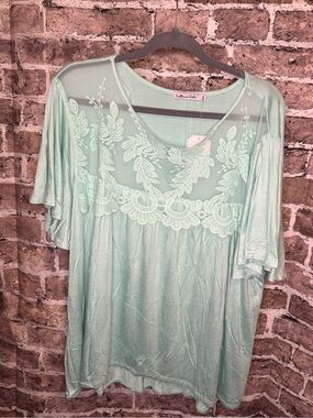 Culture Code Mint Green Lace Yoke Top